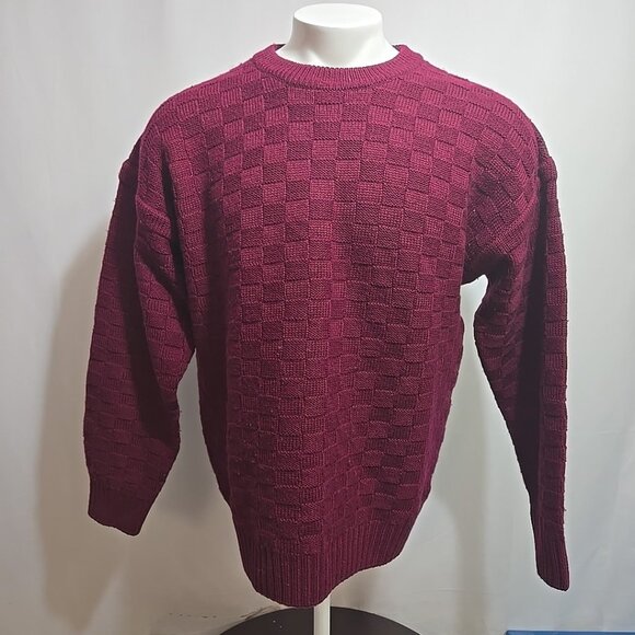 Vintage Eddie Bauer Sweater Mens Size Medium Burgundy 100% Wool 90s Check Knit - Picture 1 of 8